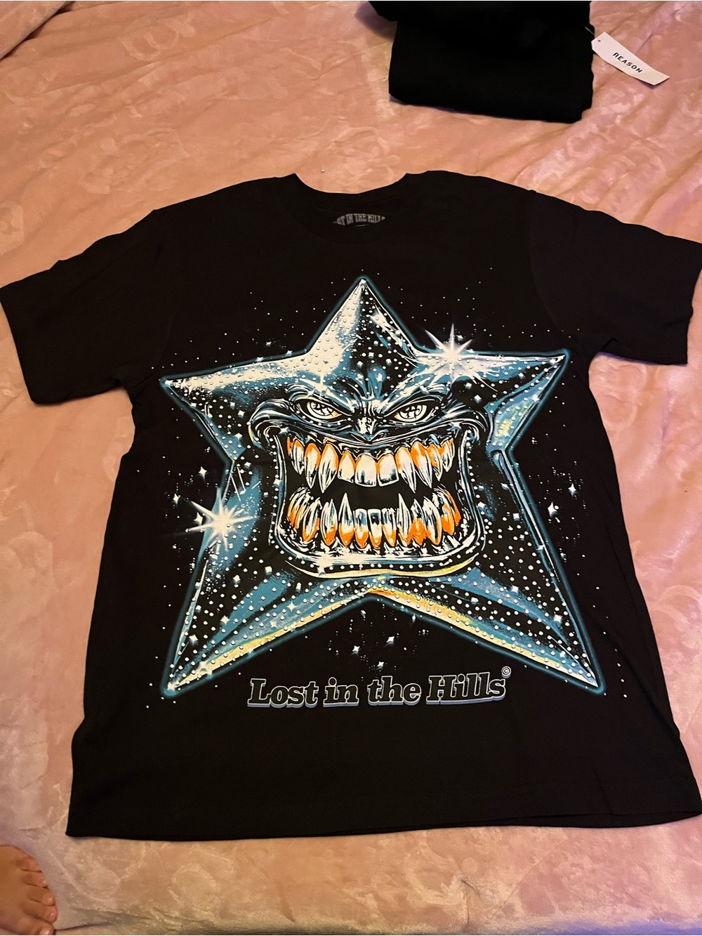 Lost in the Hills Black Graphic Short Sleeve Tee with Blue Star Artwork
